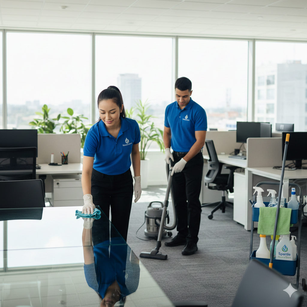Equipo profesional de limpieza en uniforme azul